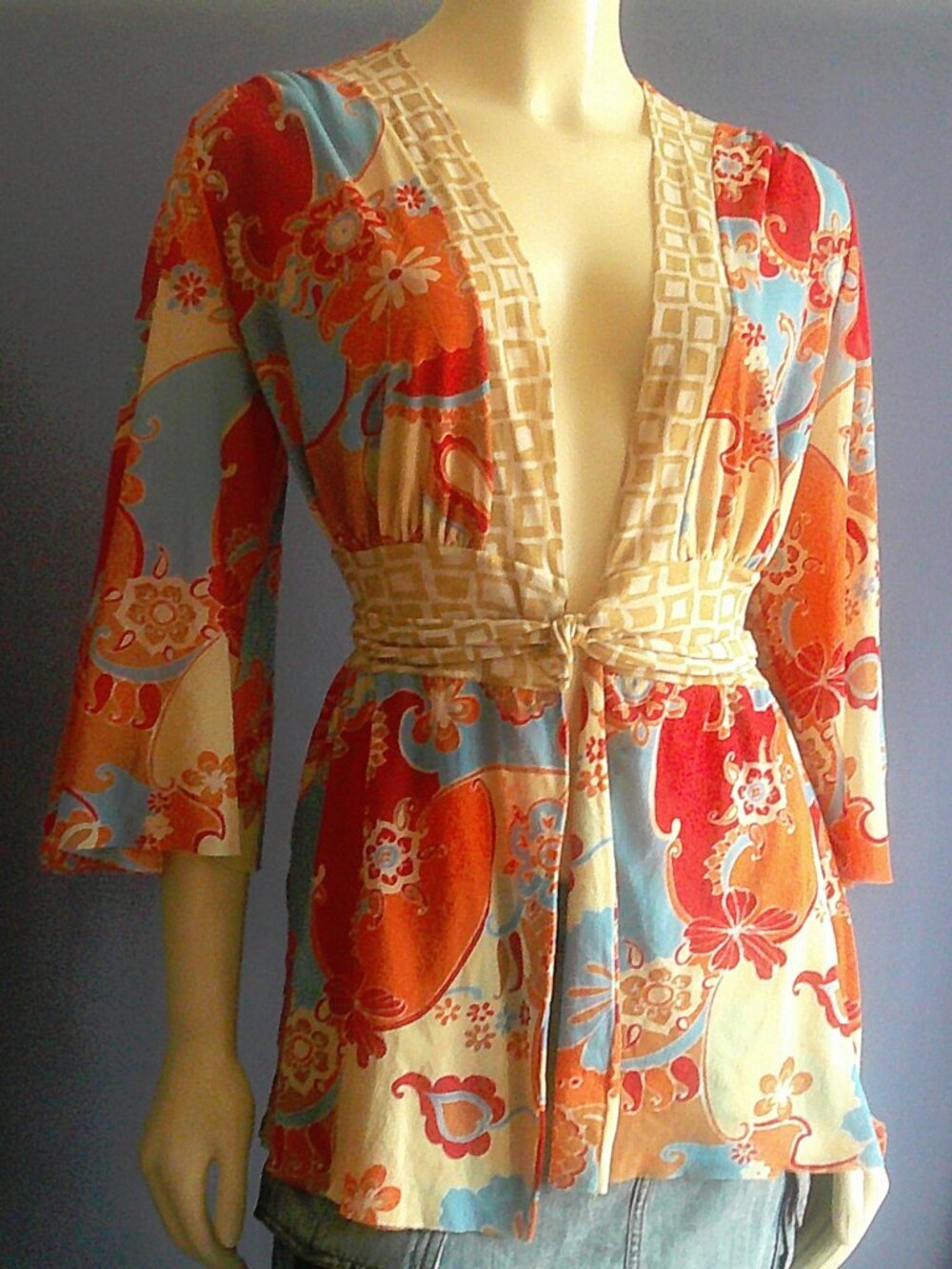 Sweet Pea Floral Mesh Stretch Kimono Vintage Top XL Runs Small
